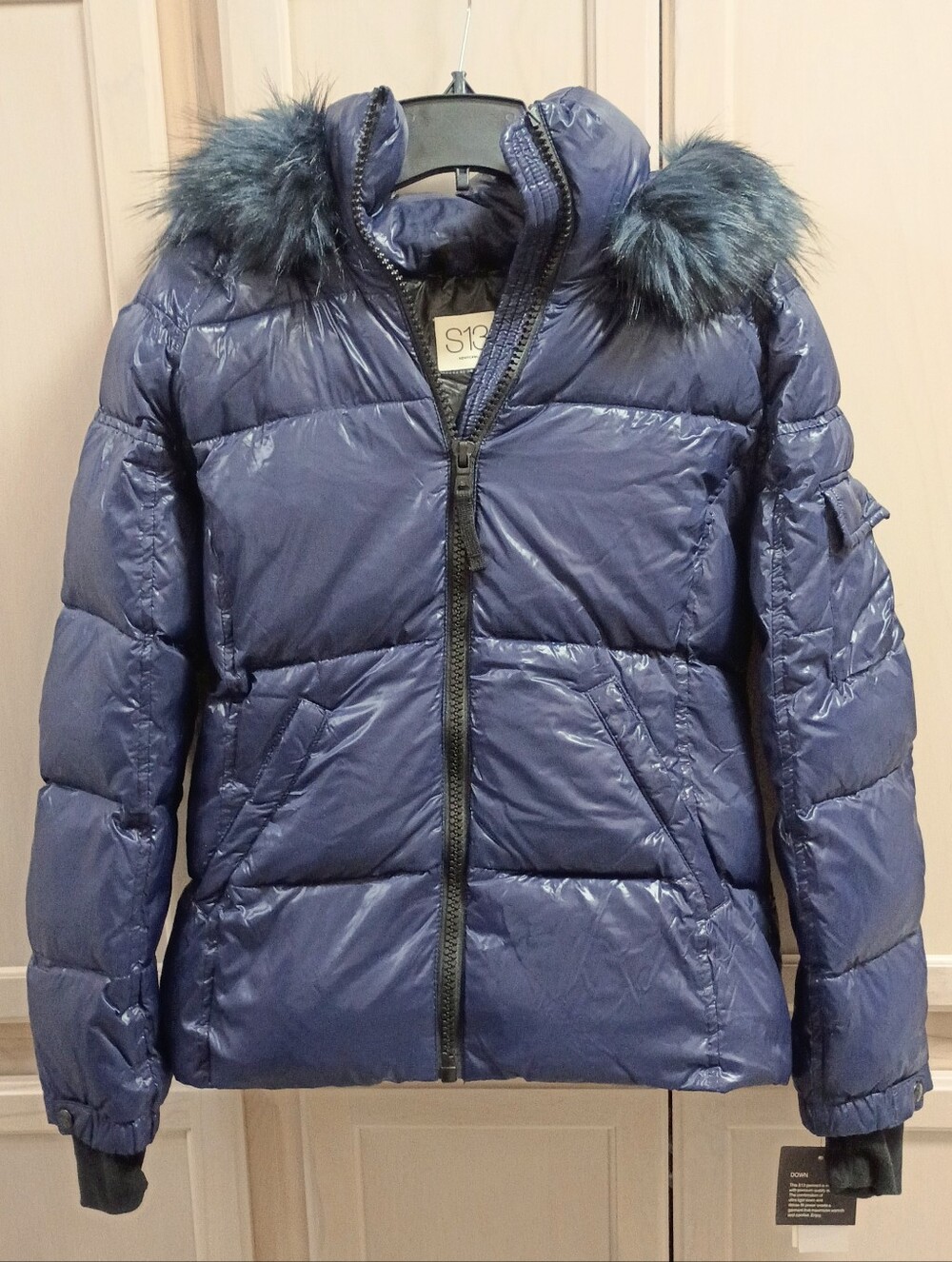 NWT S13 New York Navy Glossy Puffer Jacket Faux Fur Hood Size L $240 🧥❄️